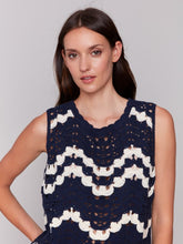Load image into Gallery viewer, Navy &amp; White Sleeveless Crochet Crew Neck Top
