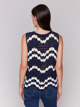 Load image into Gallery viewer, Navy &amp; White Sleeveless Crochet Crew Neck Top
