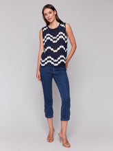 Load image into Gallery viewer, Navy &amp; White Sleeveless Crochet Crew Neck Top

