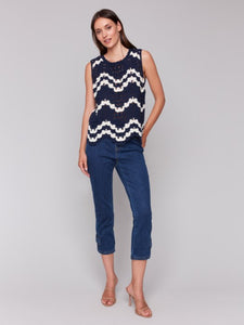Navy & White Sleeveless Crochet Crew Neck Top