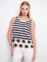 Load image into Gallery viewer, Navy Striped Sleeveless Crochet Top With Floral Hem
