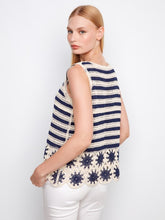 Load image into Gallery viewer, Navy Striped Sleeveless Crochet Top With Floral Hem
