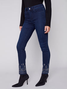 CB- Blue Noir Slim Leg Jeans With Geometric Embroidery