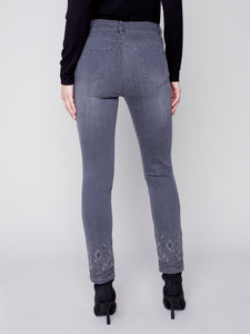Medium Grey Slim Leg Jeans With Geometric Embroidery