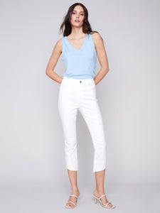 White Cropped Bootcut Twill Pants with Asymmetrical Hem