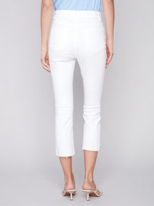 White Cropped Bootcut Twill Pants with Asymmetrical Hem