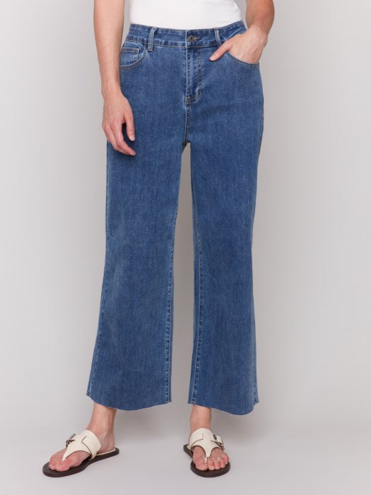 Medium Blue Wide Leg Jeans with Raw Edge