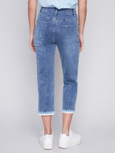 Load image into Gallery viewer, Medium Blue Straight Leg Jeans with Embroidered Stitch Hem
