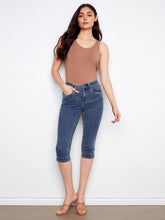 Load image into Gallery viewer, Medium Blue Stretch Denim Capris
