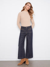 Load image into Gallery viewer, Deep Blue Cropped Patch Pocket Wide Leg Jeans with Horsebit Detail
