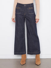 Load image into Gallery viewer, Deep Blue Cropped Patch Pocket Wide Leg Jeans with Horsebit Detail
