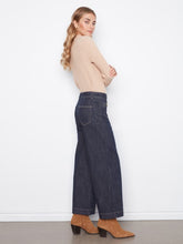 Load image into Gallery viewer, Deep Blue Cropped Patch Pocket Wide Leg Jeans with Horsebit Detail
