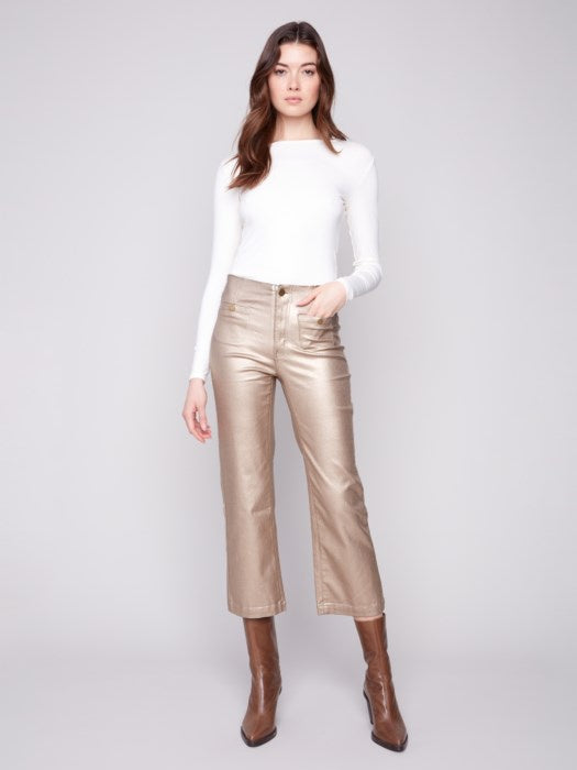 Brass Metallic Wax Flared Pants
