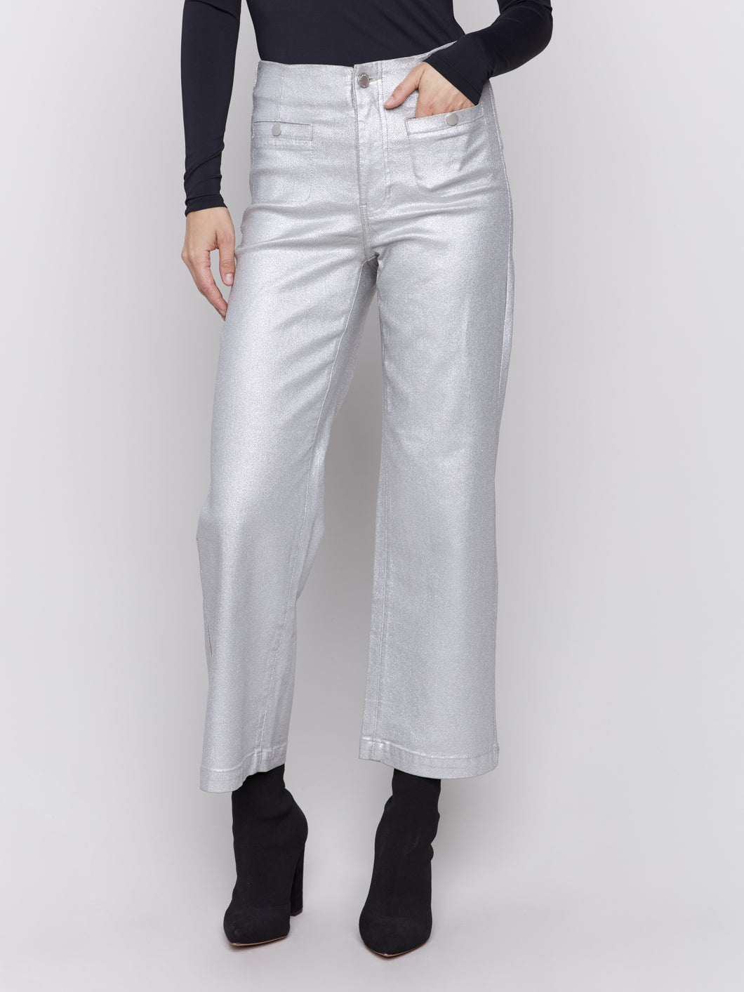 CB- Silver Metallic Wax Flared Pants