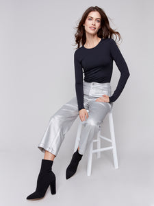 CB- Silver Metallic Wax Flared Pants