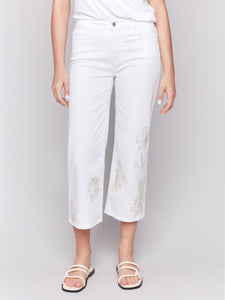 White & Gold Floral Embroidered Cropped Flare Pants