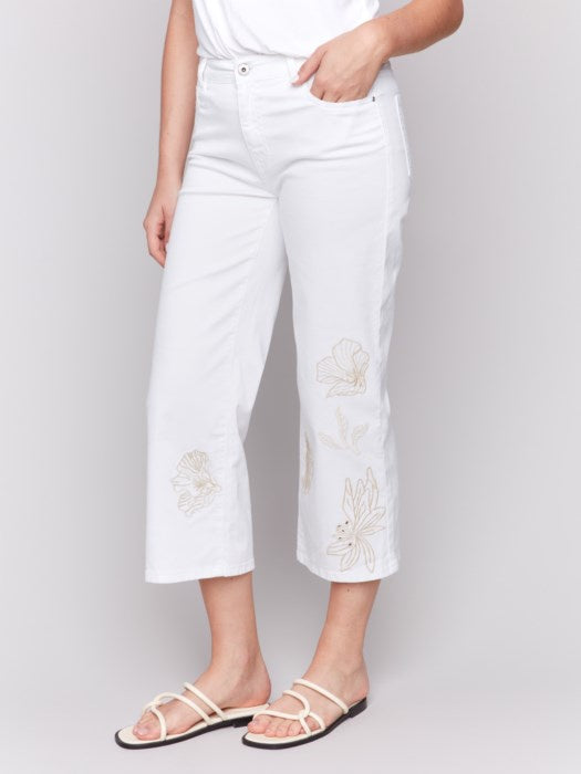 White & Gold Floral Embroidered Cropped Flare Pants