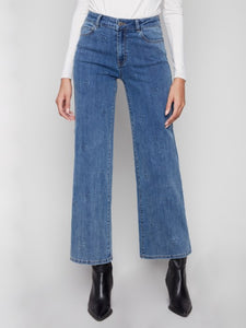 Wide Leg Jeans With All-Over Embossed Hearts