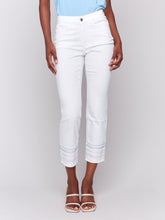 Load image into Gallery viewer, White Jeans With Blue Embroidered Hem
