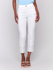 White Jeans With Blue Embroidered Hem