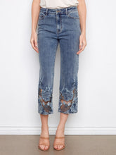 Load image into Gallery viewer, Cropped Flare Denim  W Laser Cut Embroidered Hem
