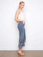 Load image into Gallery viewer, Cropped Flare Denim  W Laser Cut Embroidered Hem
