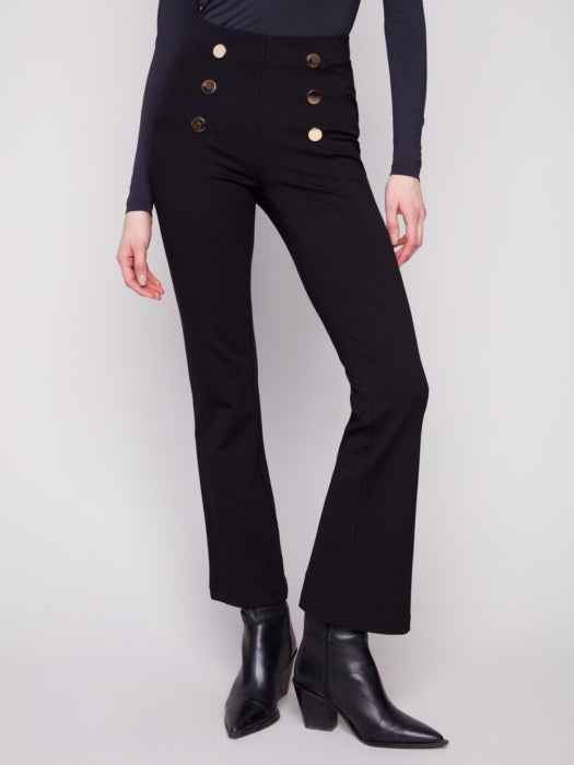 Black Flare Ponte Pull-On Pants With Front Buttons