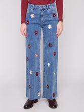 Load image into Gallery viewer, Medium Blue Wide Leg Jeans With Flower Patches
