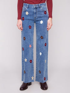 Medium Blue Wide Leg Jeans With Flower Patches