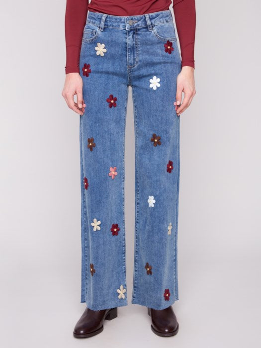Medium Blue Wide Leg Jeans With Flower Patches