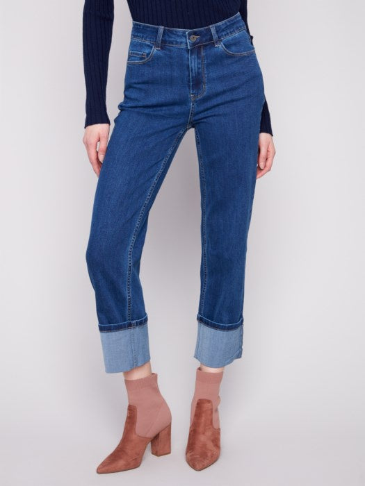 Indigo Wide Cuff Straight Leg Jeans
