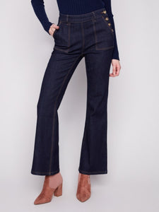 Deep Blue Flare Leg Jeans With Side Buttons