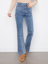 Load image into Gallery viewer, Medium Blue Heart Embroidered Flare Leg Jeans
