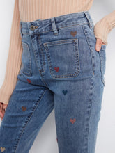 Load image into Gallery viewer, Medium Blue Heart Embroidered Flare Leg Jeans
