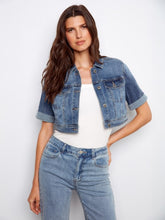 Load image into Gallery viewer, Medium Blue Cropped Short Sleeve Denim Jacket
