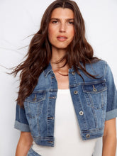 Load image into Gallery viewer, Medium Blue Cropped Short Sleeve Denim Jacket
