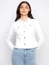 Load image into Gallery viewer, White Stretch Twill Frayed Edge Jean Jacket
