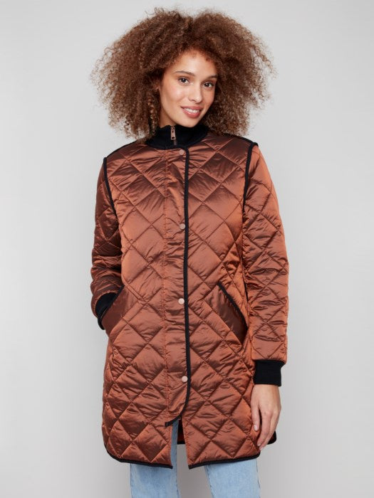 Sepia Metallic Long Quilted Puffer Jacket