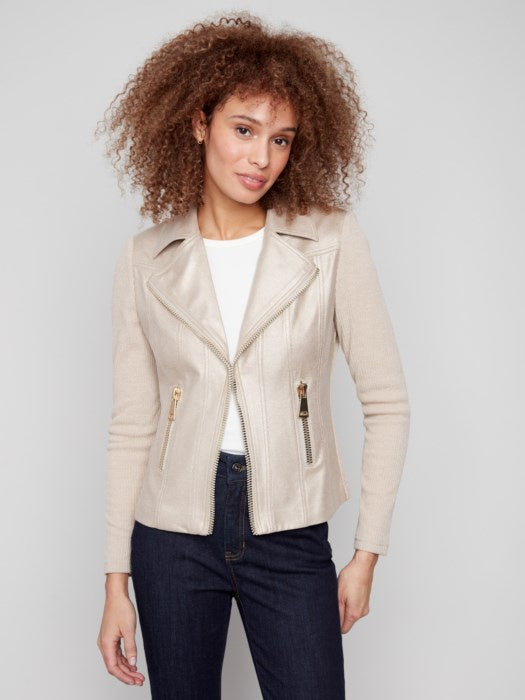 Brass Vintage Metallic Faux Leather And Rib Knit Jacket