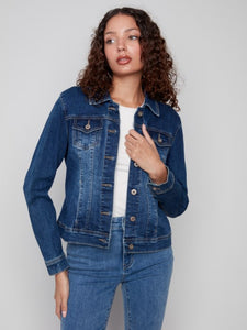 Indigo Stretch Denim Button Front Jacket With Pockets