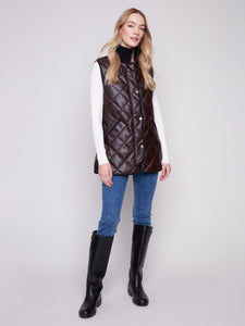 Mocha Long Quilted Faux Leather Vest