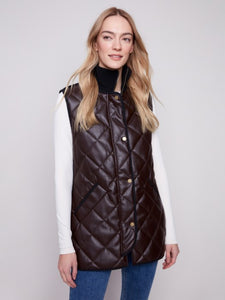 Mocha Long Quilted Faux Leather Vest