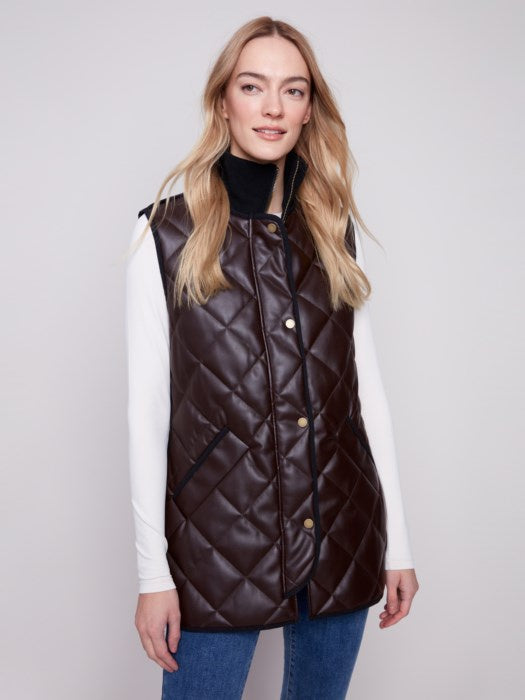 Mocha Long Quilted Faux Leather Vest