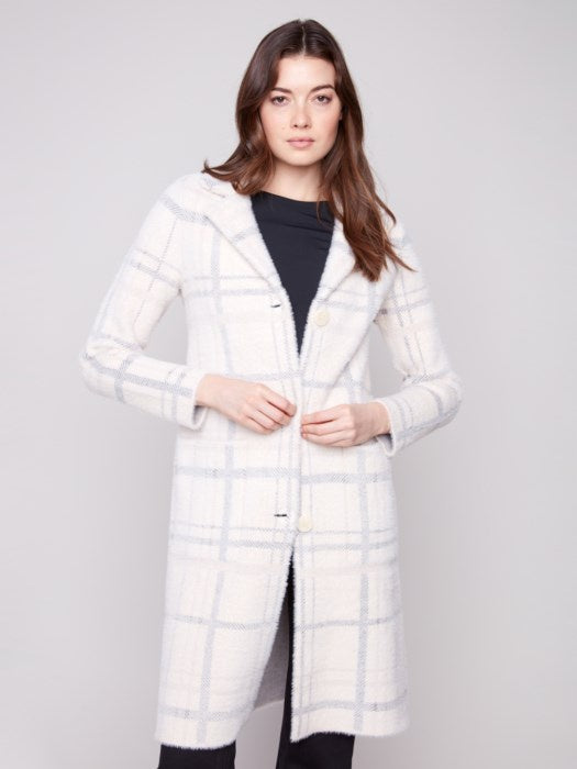 Ivory Long Plaid Knit Coatigan