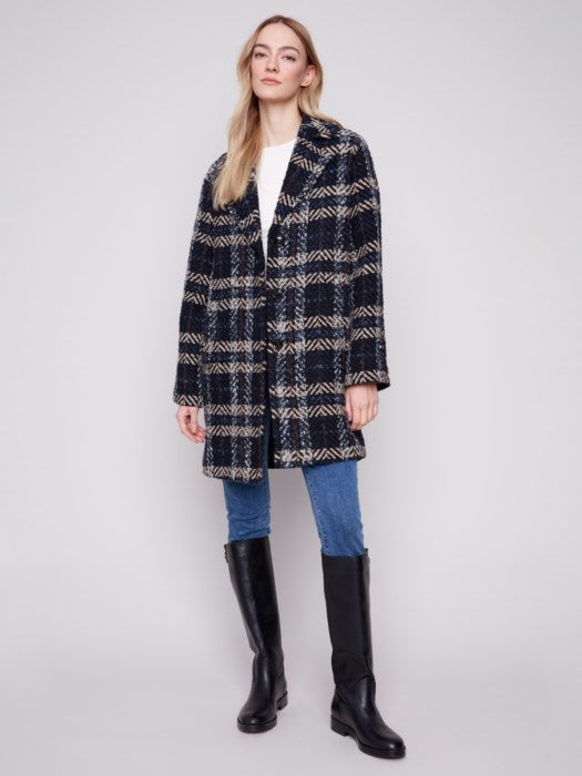Navy Plaid Bouclé Coat
