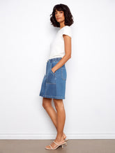 Load image into Gallery viewer, Soft Blue Drawstring Denim Skort With Patch Pockets
