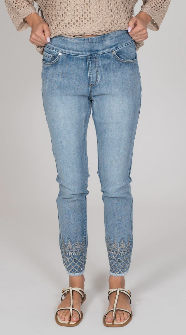 Embellished Hem Straight Leg Pull On Jean