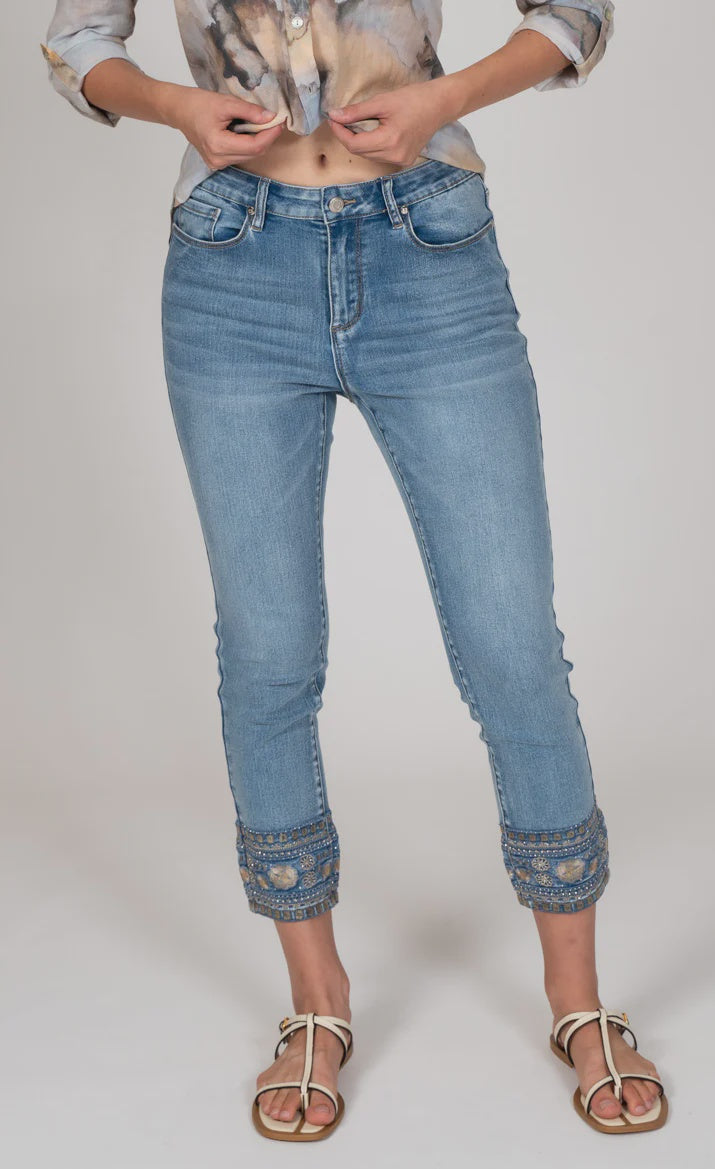 GG- Slim Leg Cropped Denim With Embroidered Hem