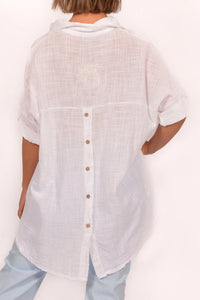 White Linen Button Back Henley