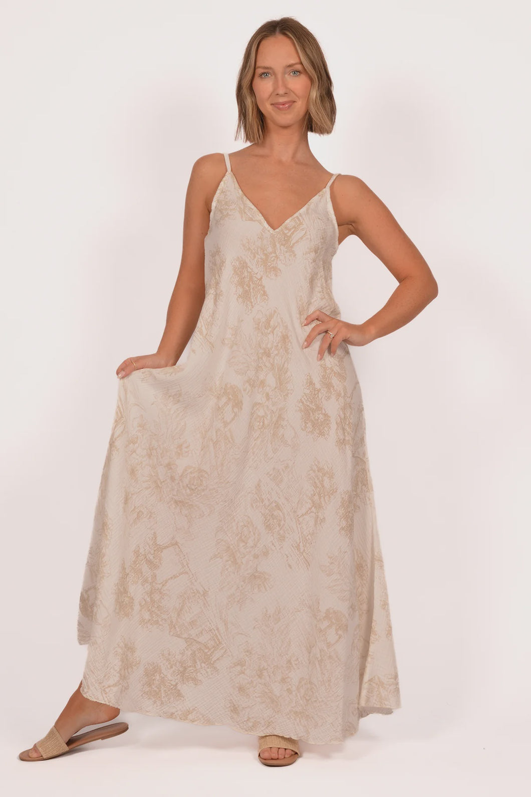 Beige Toile Spaghetti Bias Dress
